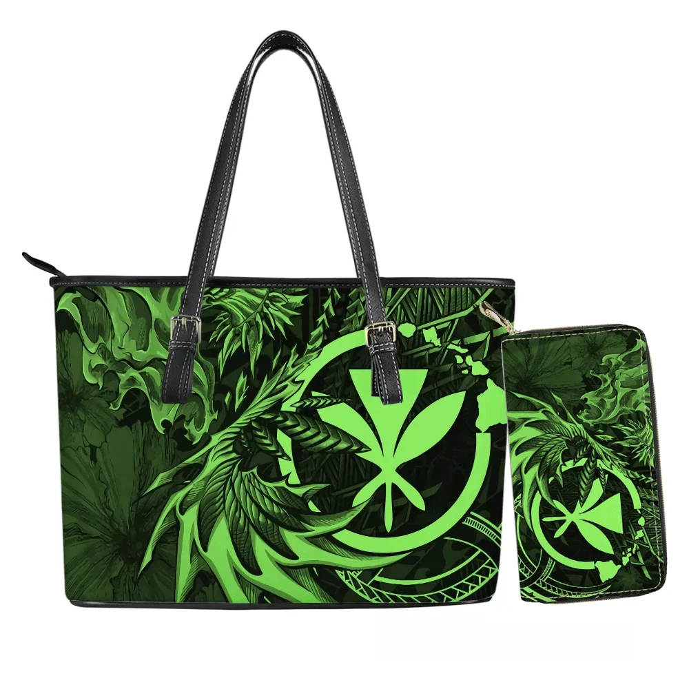 

Green Traditional Tribal Polynesian Print Bags Large Leather Tote handbag and purse Long Wallets Sets Custom Logo Wholesale