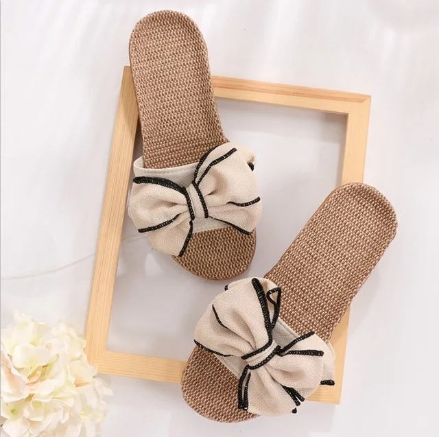 

Hot 2020 New Casual Sneakers For Home Slippers Summer Bow-knot Soft Floor Woman Indoor Flats Shoes Cute Linen Slipper Terlik, As picture