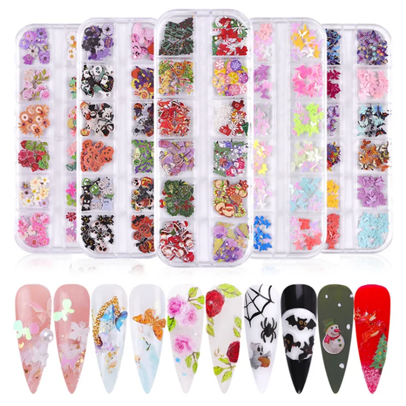 

Nail Art Decorations Set Butterfly Color Small Flowers Everything For Manicure 12 Grids/Box