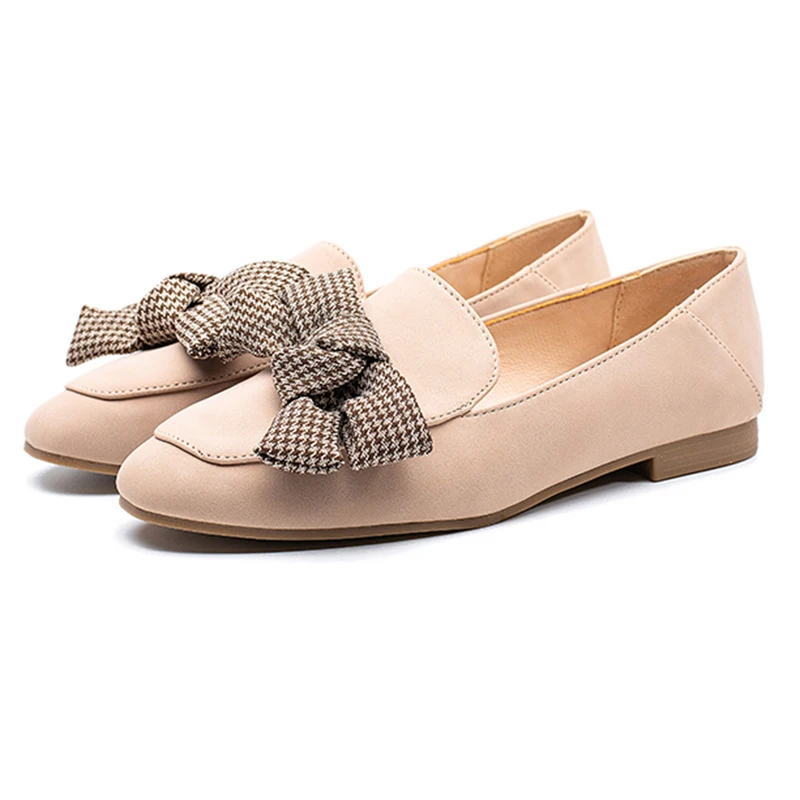

Stock Flat shoes for women flat causual cute bow square toe soft insole PU rubber shoes, Black/beige