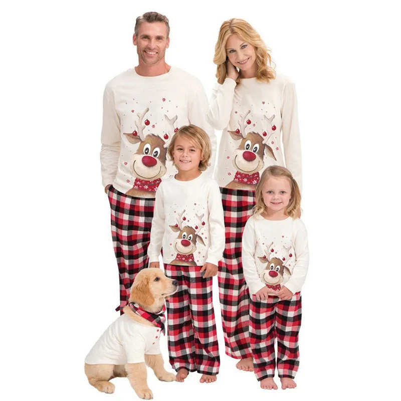 

Plus Size Casual Christmas O Neck Pajamas Family Mom and Me Sleepwear Set Children's White Print Sleeve Pyjamas Wholesale