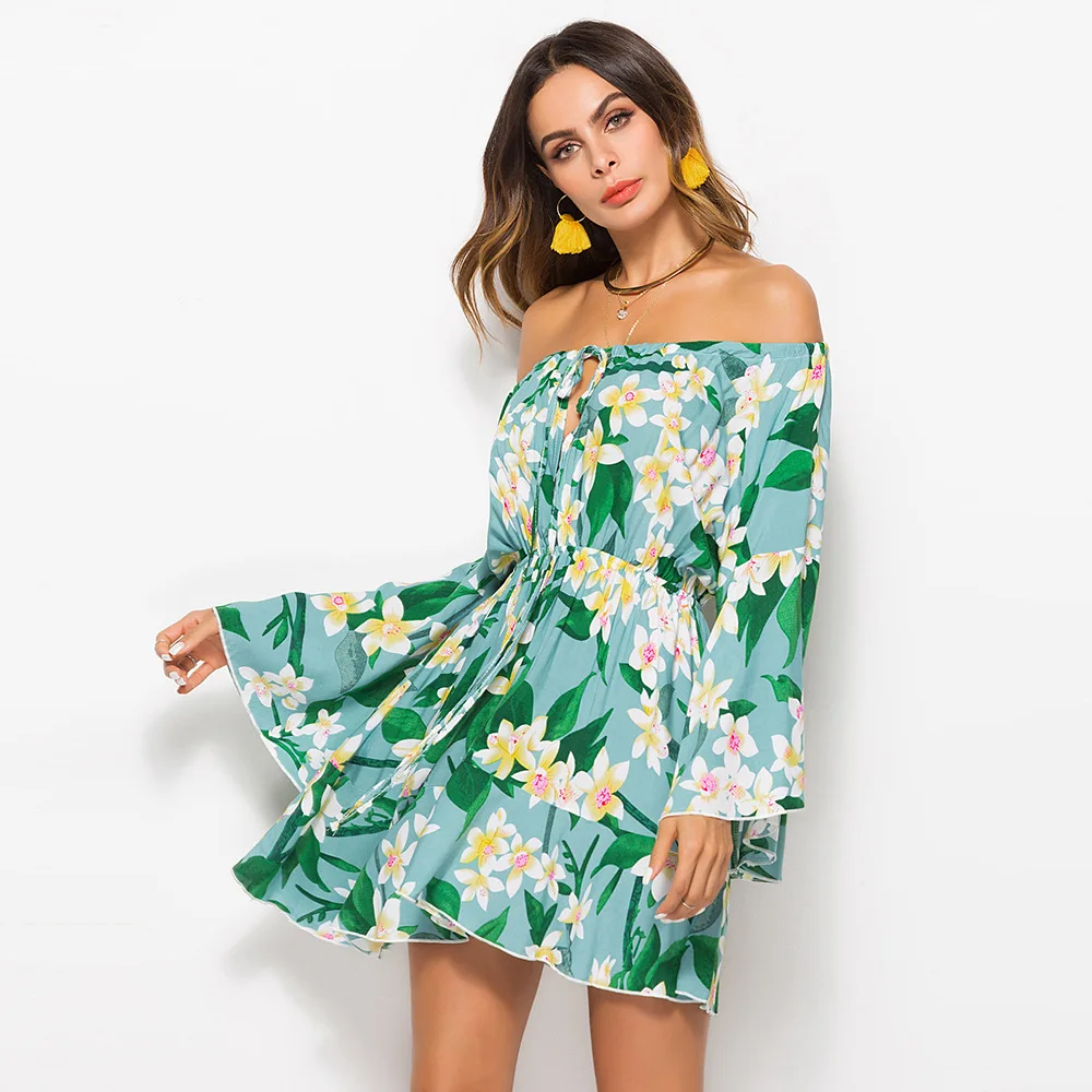

2021 Summer Fashion Stylish Sexy Off Shoulder Belt Long Sleeve Floral Leopard Printed Chiffon Women High Waist Casual Midi Dress, Blue/green/red and so on