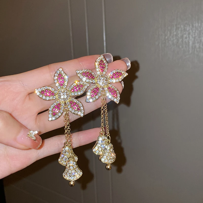 

fashion trendy bell drop pink crystal earring flower