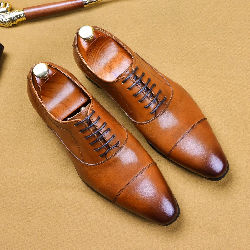 

37-46 Men Pointed Genuine Leather Business Dress Shoes Formal Office Oxford Casual Flat Loafers Fashion British Lace-up