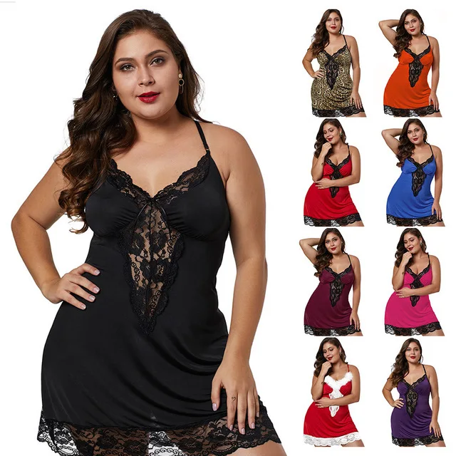 

Fat woman plus size suspender nightdress female deep V lace stitching sexy home service