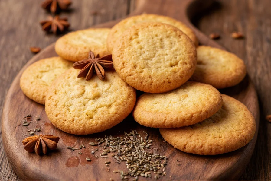 Golden brown traditional anise cookies arranged on a rustic wooden board with whole and ground anise seeds