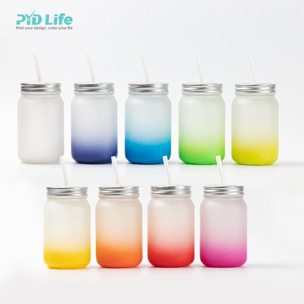 

PYD Life Wholesale 15oz 450ml Frosted Glass Sublimation Blanks Gradient Mason Jar Sublimation Tumbler with Lid and Straw, 9 colors