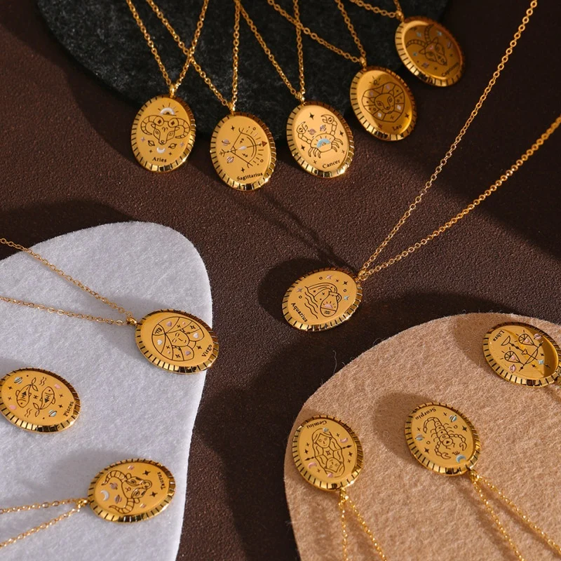 

New 316 Stainless Steel 12 Zodiac Drop Pendant Necklaces Waterproof Golden Jewelry 18 K Metal Collar Necklace Gift