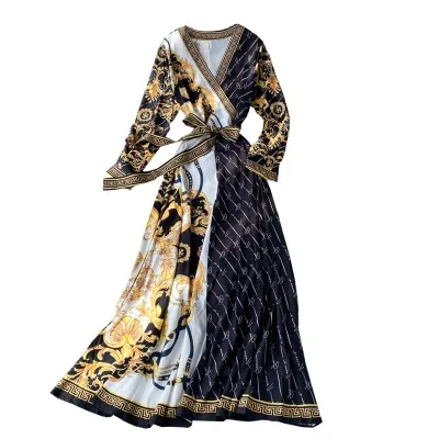 

CUBEAR Vintage Style Baroque Pattern V Neck Long Sleeve Self Belted Slim Waist French Satin Women Dresses