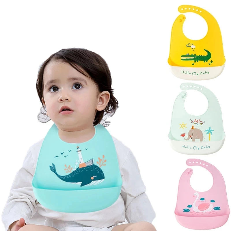 

2021 Amazon New Product Adjustable Customized Logo Animal Pattern Easily Clean Soft Food Feeding Silicone Baby Bib, Customized color