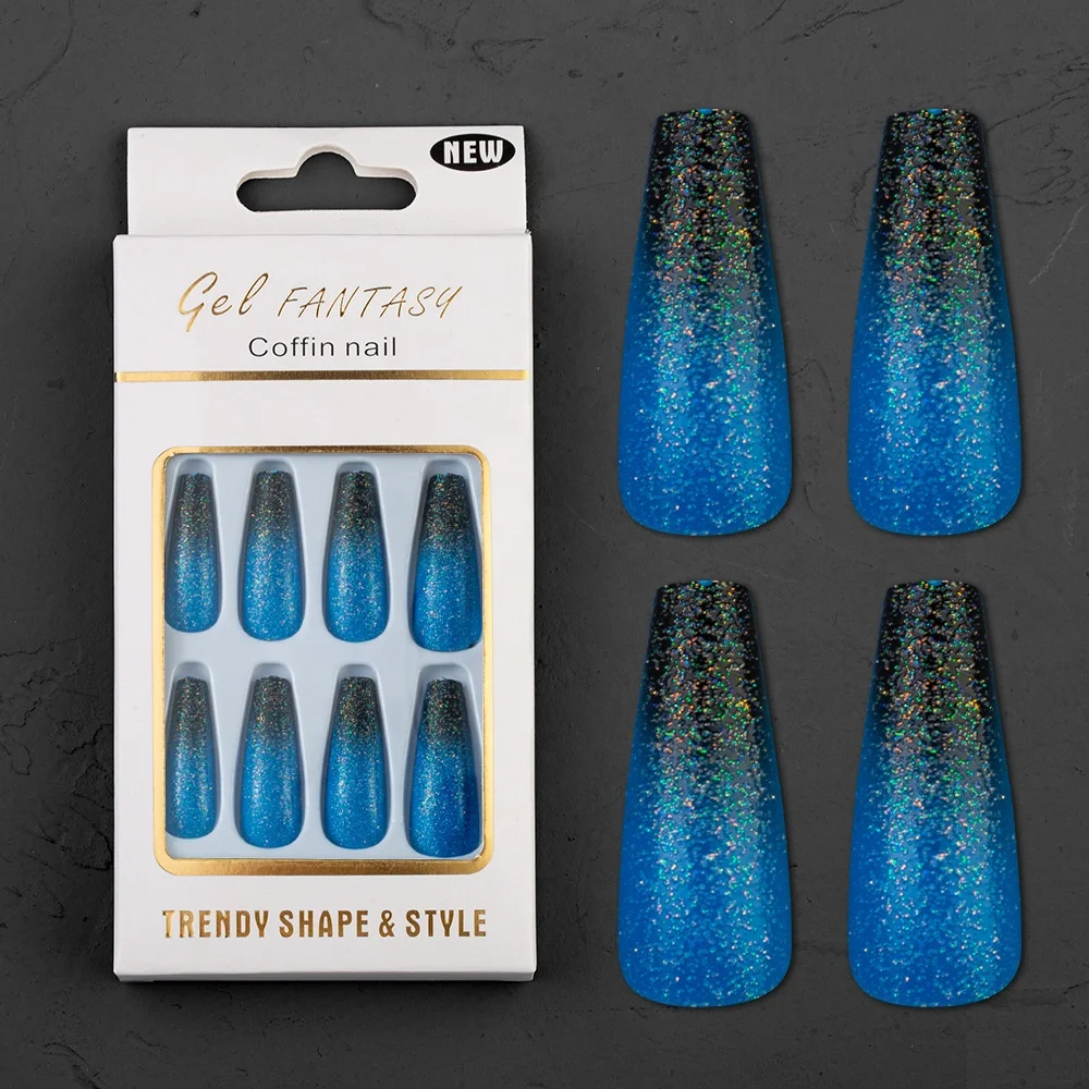 

Box of 24 Pcs Black Gradient Glitter Ballet Nail Art Embryo Wear False Nails Coffin Fake Nail Tips, Multi color