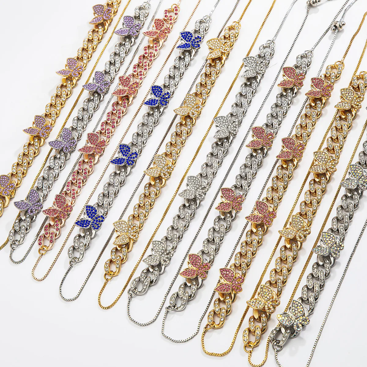 

Iced out Cuban Link Full Micro Inlay Butterfly Rhinestone Adjustable Choker Necklace for Women Jewelry, Gold