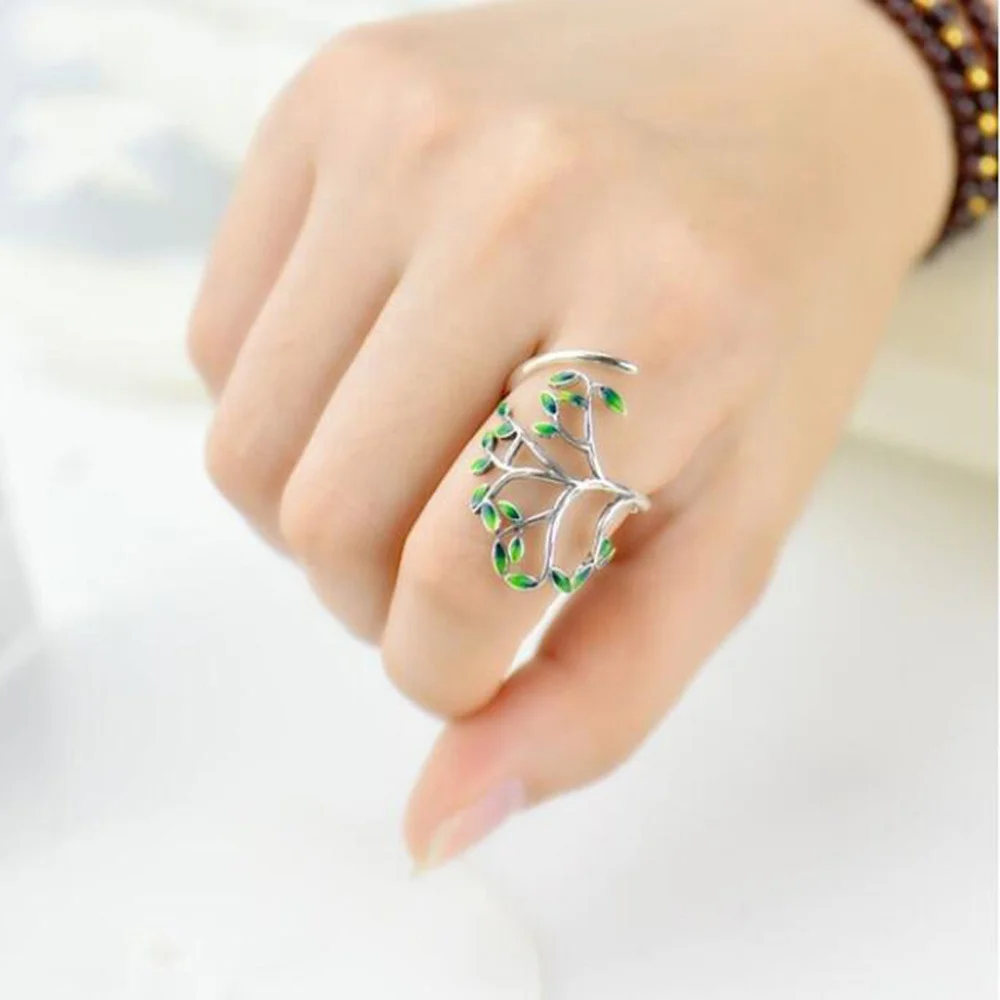 

Fashionable woman green leaf branch gift ring resizable zircon design rings with pendants wedding jewelry