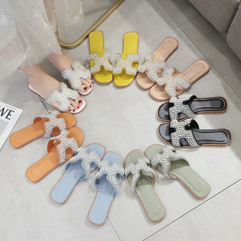 

Pearl decoration H style slippers for women fashion sandals, 4 color