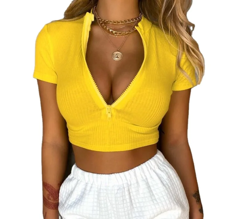 

2021 Summer Ladies' Blouses Short Sleeves Zipper solid color v-neck crop tops women clothing, Black/white/greeen/rose red/grey
