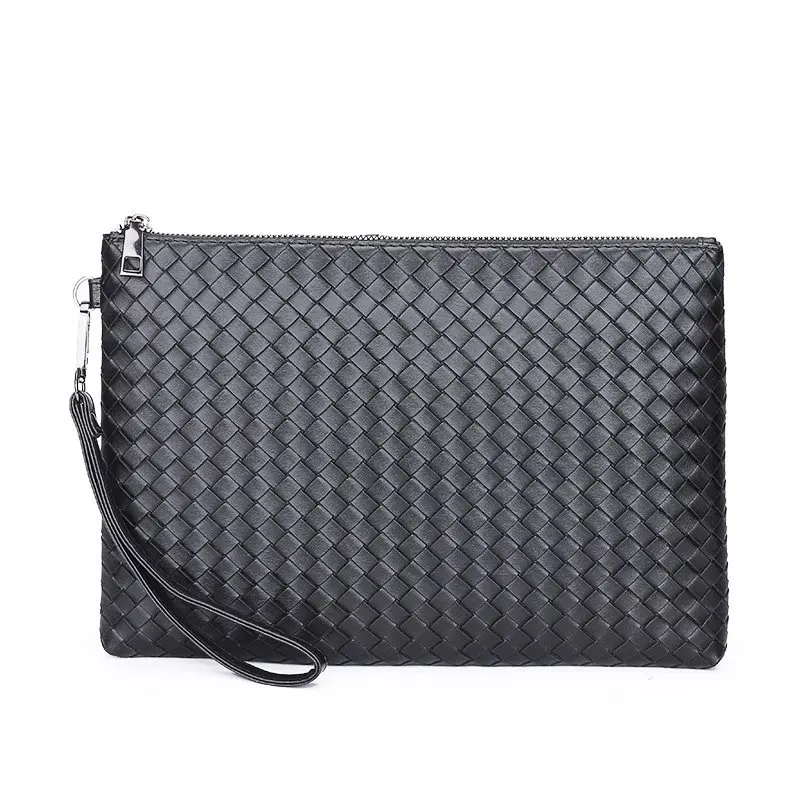 

Top Grade Big Capacity Long Wallet Soft Leather Woven Business Handbag Fashion Luxury Envelope Clutch Bag For Men, Black