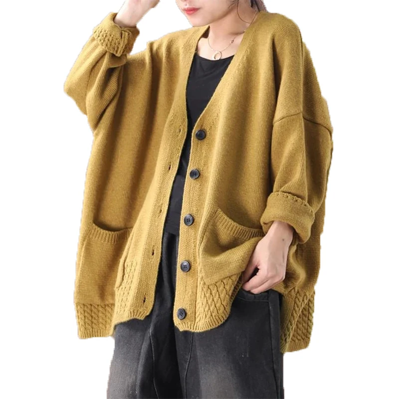 

2021 autumn winter new women's knitted cardigan single breasted pocket long sleeve V-neck knit sweater cardigan