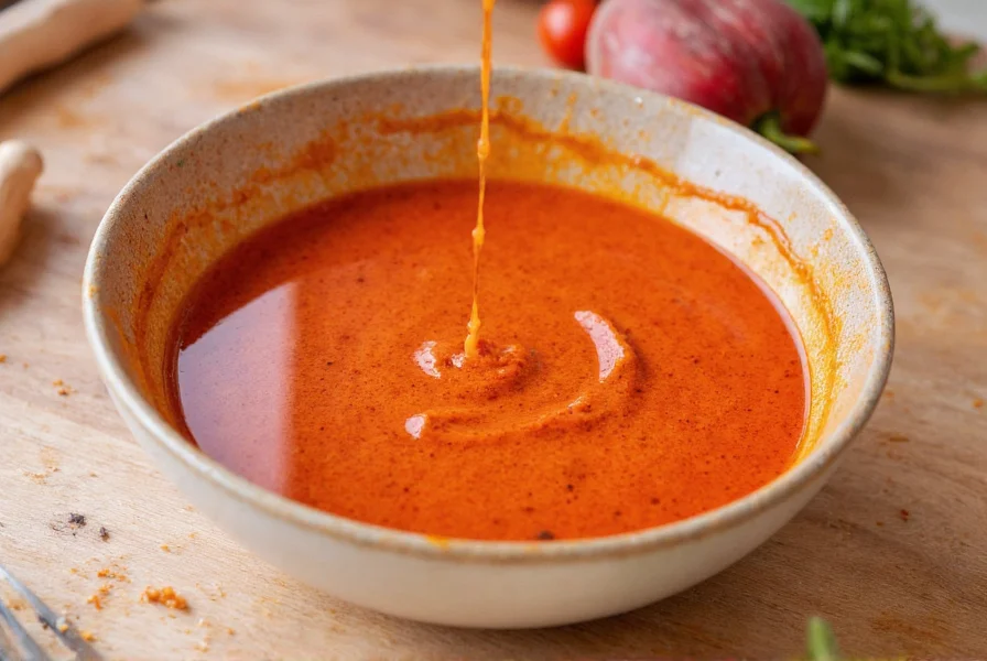 Masa harina being mixed with chili liquid in a bowl to create thickening paste