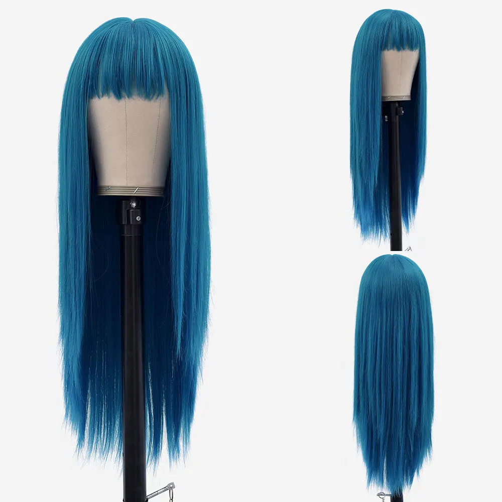 

Ainizi 26 inches long straight solid blue color heat resistant none lace machine made synthetic wig with fringes for women, Selectable