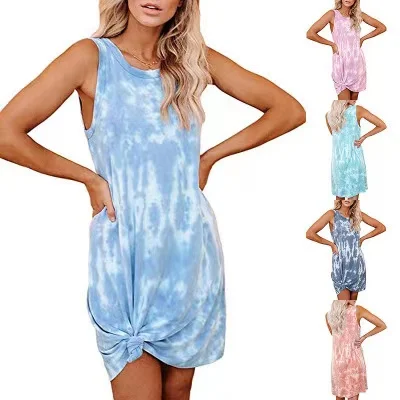 

2021 fashion high quality casual dress sleeveless summer woman dress tie dye printing loose casual dress