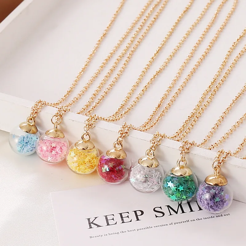 

Personality Ball Chain Necklace Glass Pendant Bling Fluorescence Star Glasses Beads Necklaces Creativity Vintage Jewelry, Multi