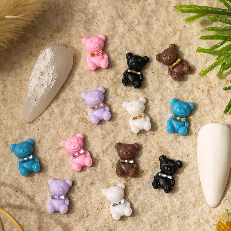 

Paso Sico 7.2*10.2mm Popular Cute Bear with Gold Silver Bow Tie 3D Kawaii Resin Nail Art Designs 3D
