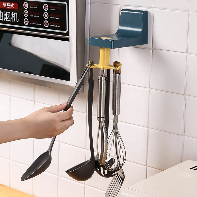 

2021 NEW Kitchen Hooks for Hanging Adhesive Racks 360 Degree Rotating with 6 Hooks Storage Rack Wall Mount