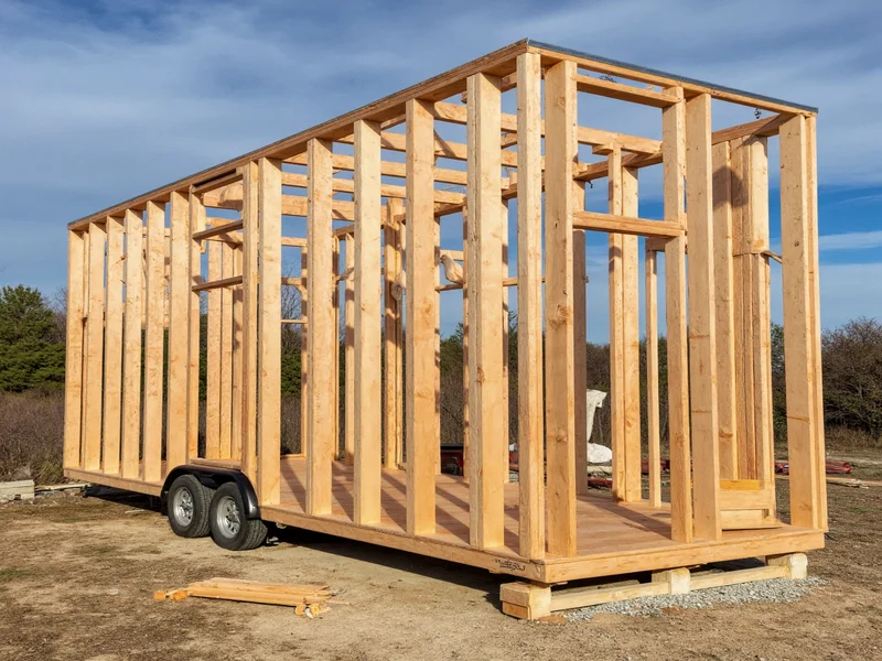 Step-by-step tiny house framing process with isolation brackets