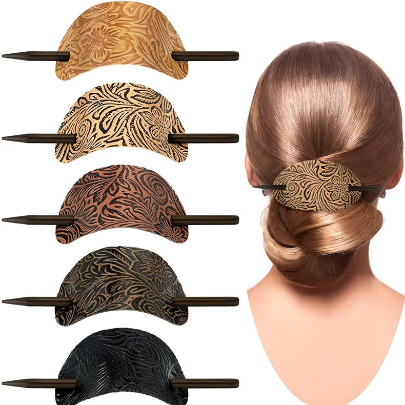 

MIO Vintage Leather Hair Stick Slide Oval Shape Hair Pins Fashion Women Ponytail Holders Hair Accessories Barrettes