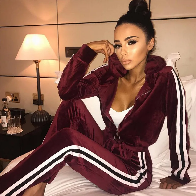 

Free Shipping Striped gold velvet zipper warm sweater and trousers suit joggers pants two piece pants set, Gray, black, wine red, army green