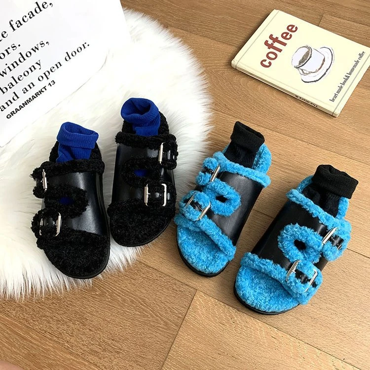 

New Metal Buckle Flat-Bottomed Platform Ladies Casual Shoes Women Custom Fashion Fur Slippers, As show