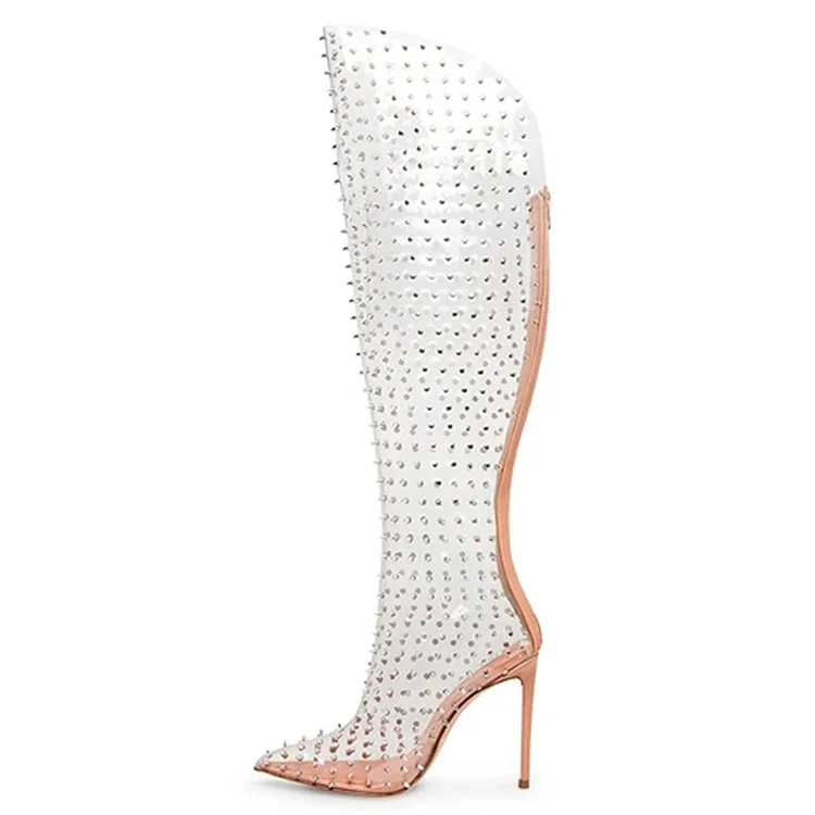 

Popular ladies mid-boots temperament fashion transparent pvc rivet stiletto high-heel all-match mid-boots, White