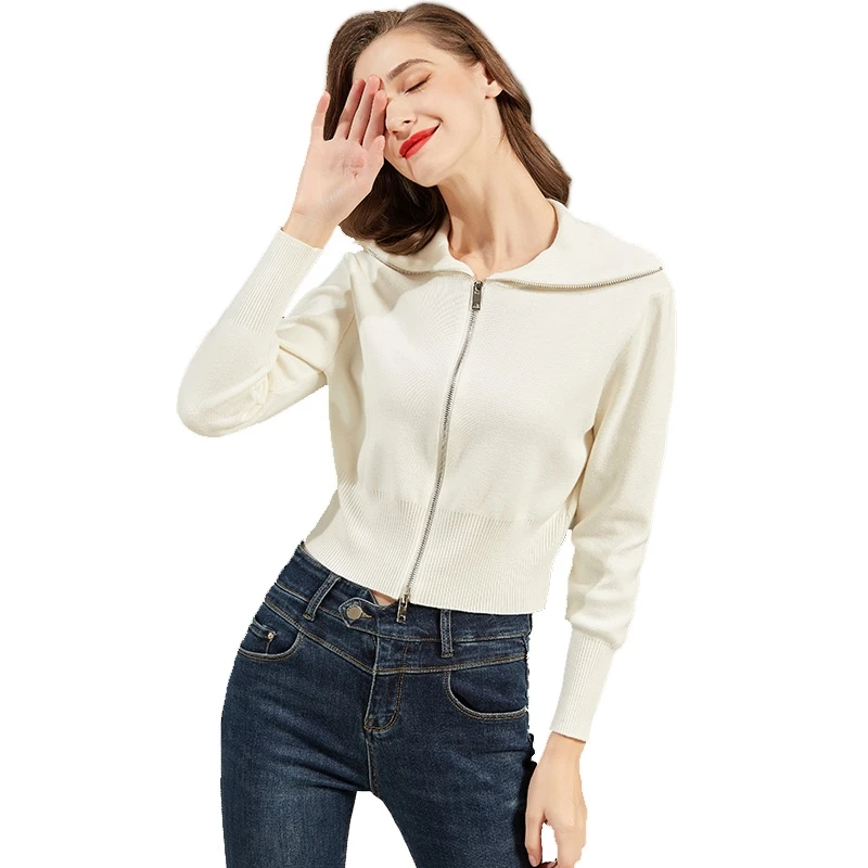 

knitted sweater Korean fashion top long sleeve autumn winter women turn-down collar zip Cardigan sweater