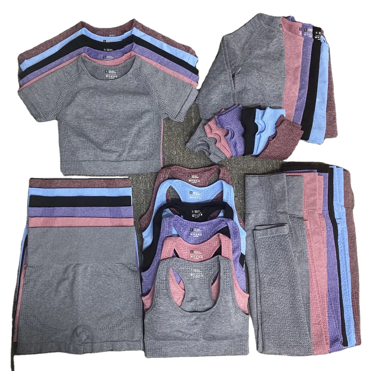 

5 piece sport swear Seamless Sports Gym Yoga Sport Suit For Women Workout Fitness Clothing Sets, Green, purple, black, gray blue, pink, magenta, sky blue, gray