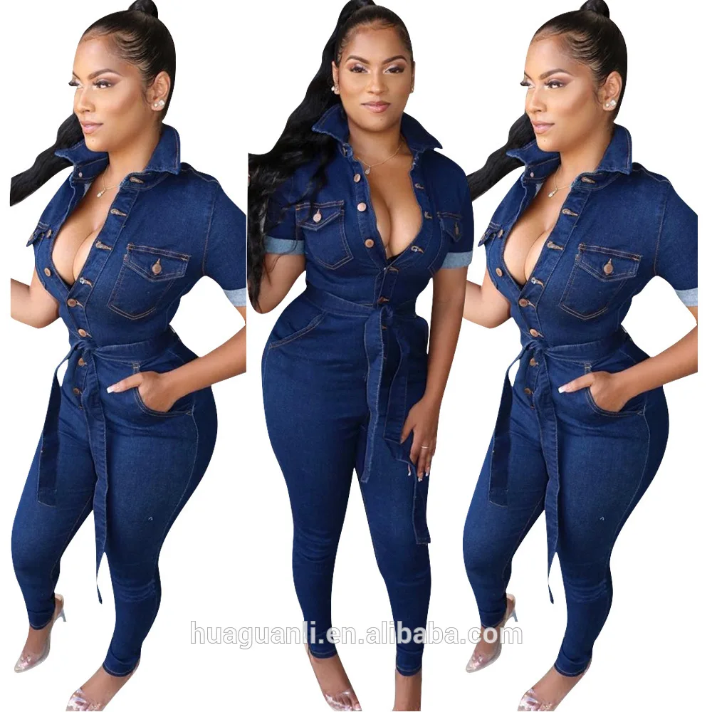 

WYNZ8219 Wholesale Fashion sexy Demin lapel short sleeves jumpsuit for women, Blue