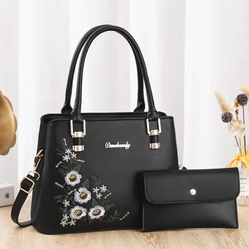 

DL162 21 Wholesale designer women set bags Embroidery shoulder bag pu leather women purses and handbags, Black....