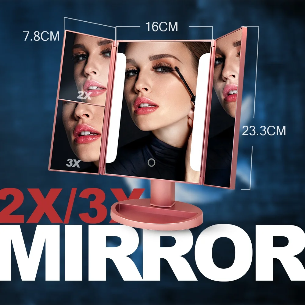 
Design illuminated tri-fold custom table top cosmetic face led light makeup mirror with logo 