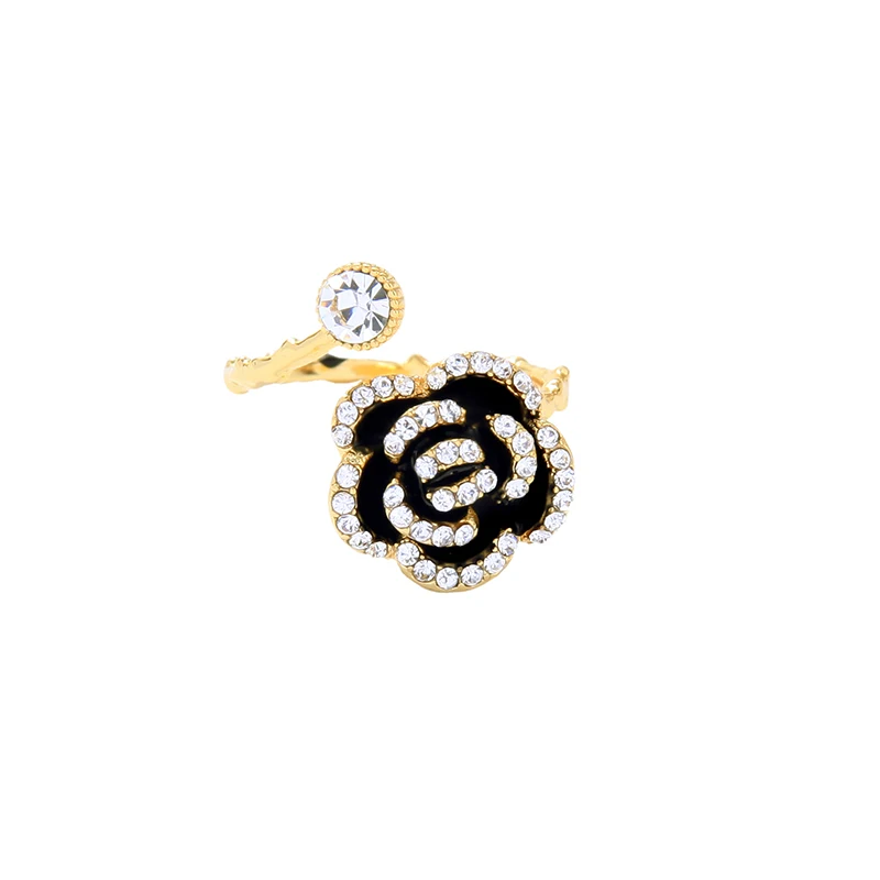 

2089 Trendy Real Gold Plated Black Enamel Rose Flower Bloom Rings 2021 Fashion 18K Jewelry Women Adjustable Tiktok