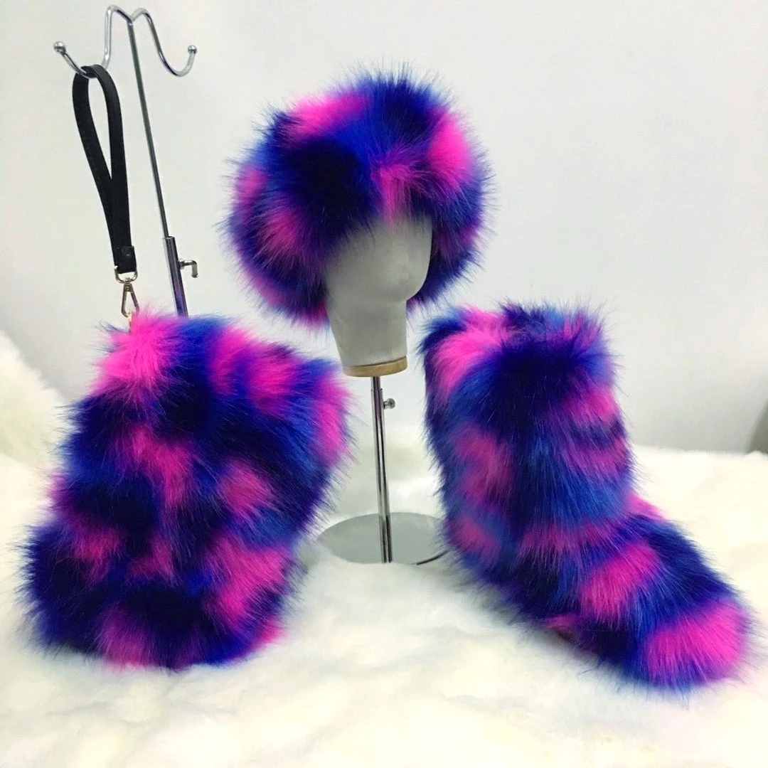 

2020 new style wholesale ladies faux fur boots with headband and bag colorful winter fur snow boots women