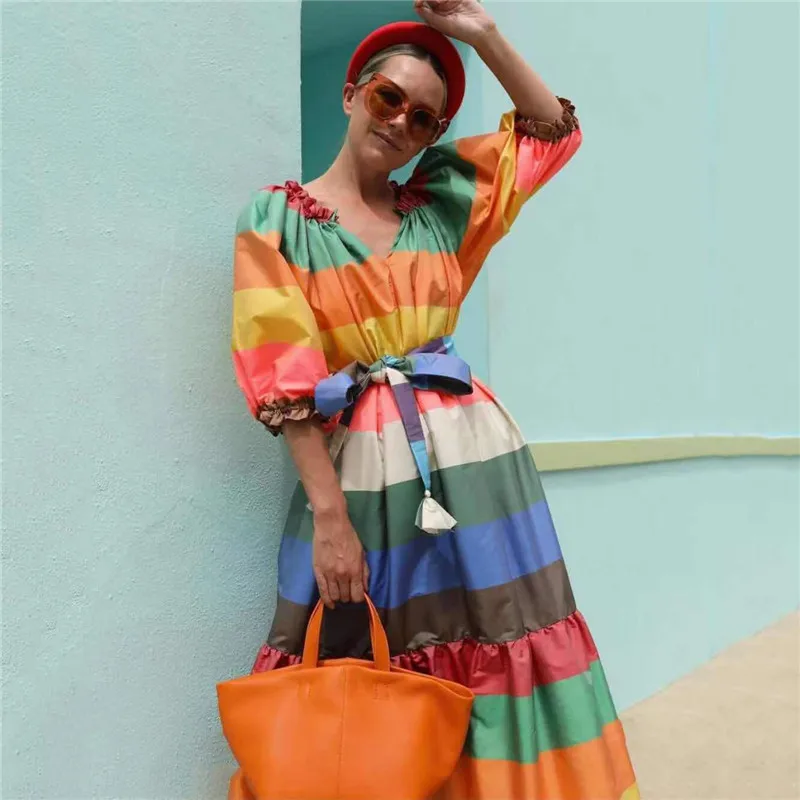 

A4914 2021 Brand New V Neck Striped Belted Summer Spring Multi Color Dress Woman