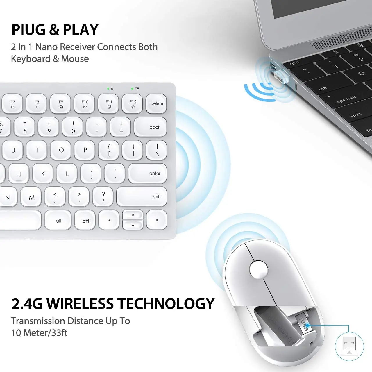 

US Stock Wireless Keyboard and Mouse, 2.4GHz Compact Keyboard Mouse Combo, Small USB Laptop Keyboard Portable Mini Wireless, Silver white