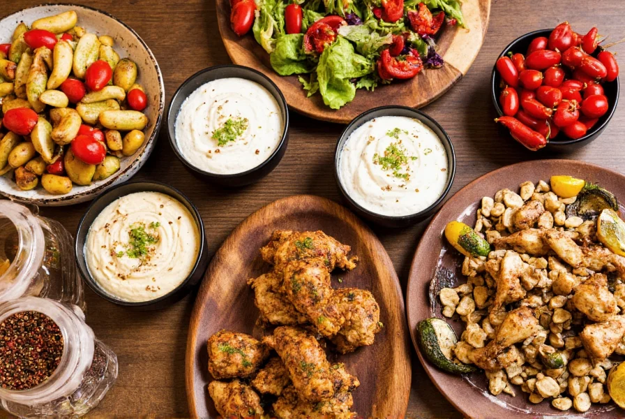 Various Middle Eastern dishes seasoned with Aleppo pepper including roasted vegetables, hummus, and grilled meats