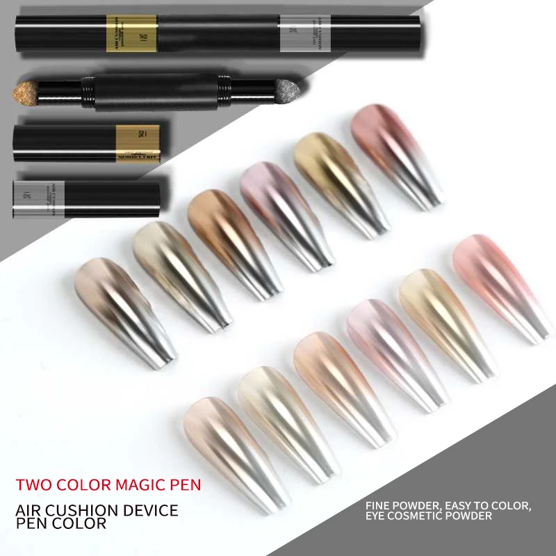 

Double Tips Nail Salon In Stock 6 Colors Chrome Mirror Solid Pigment Acrylic Nail Powder Air Cushion Magic Powder Pen, 6colors and customized