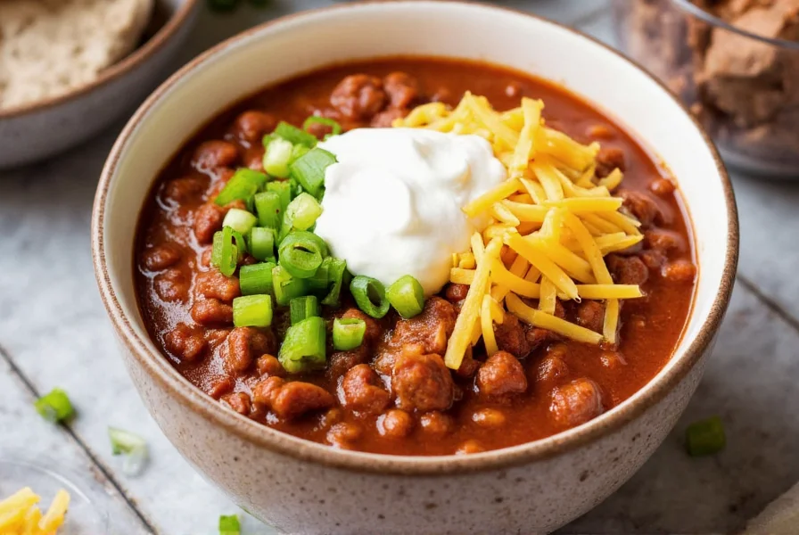Finished crockpot beef chili served in bowl with toppings like sour cream, cheese, and green onions