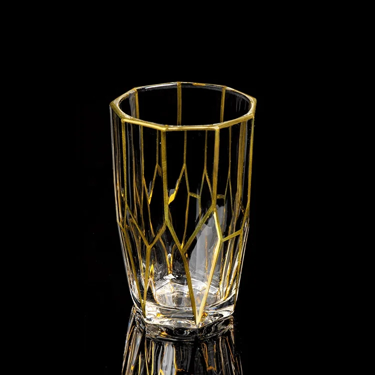 

OCTANGLE GLASS HIGH BALL CUP IN GOLDEN DIAMOND DESIGN IN STOCK LUXURY GIFT, Gold