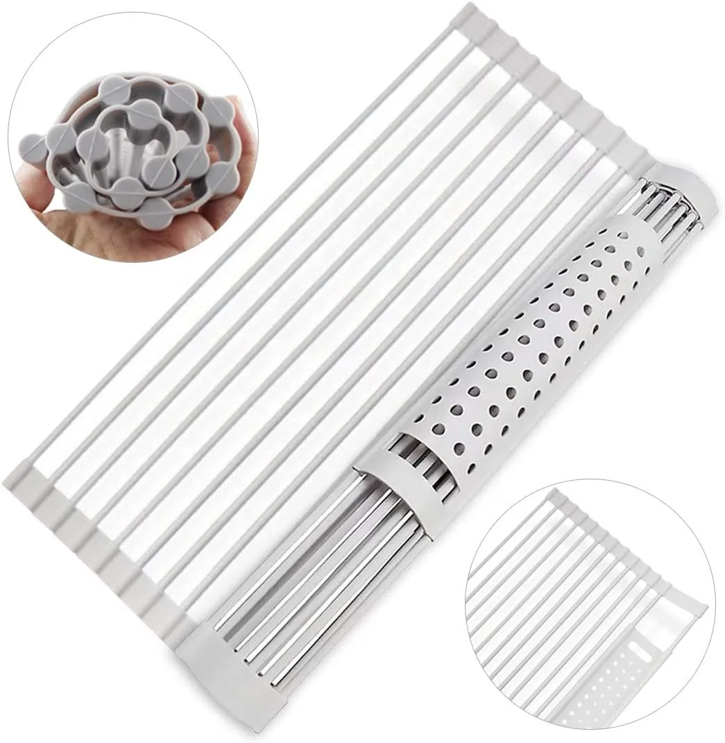

Hot Sale Silicone Kitchen Accessories Over The Sink Dish Drying Rack Roll Up Silicone Folding Draining Rack