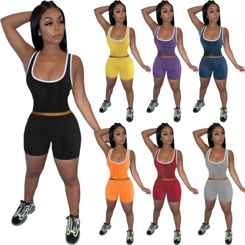 

Hot selling fashion Fitness Casual crop top Vest two piece pants set yoga sports wea shorts women clothing, 7 color