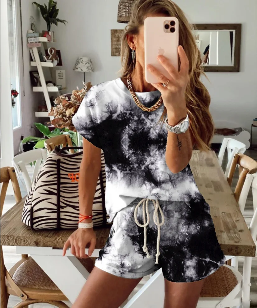 

2021 Ladies summer Amazon Hot Sale Ladies Tie Dye Gradient Pajama Short Sleeve Homewear Set, Optional