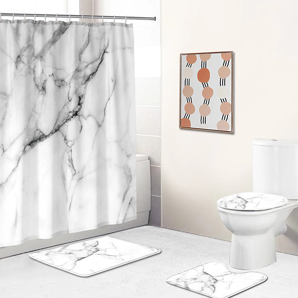 

Modern Hot selling 4-in-1 Shower Curtain and Rug Bathroom Set/ Marble/Sea/Tropical