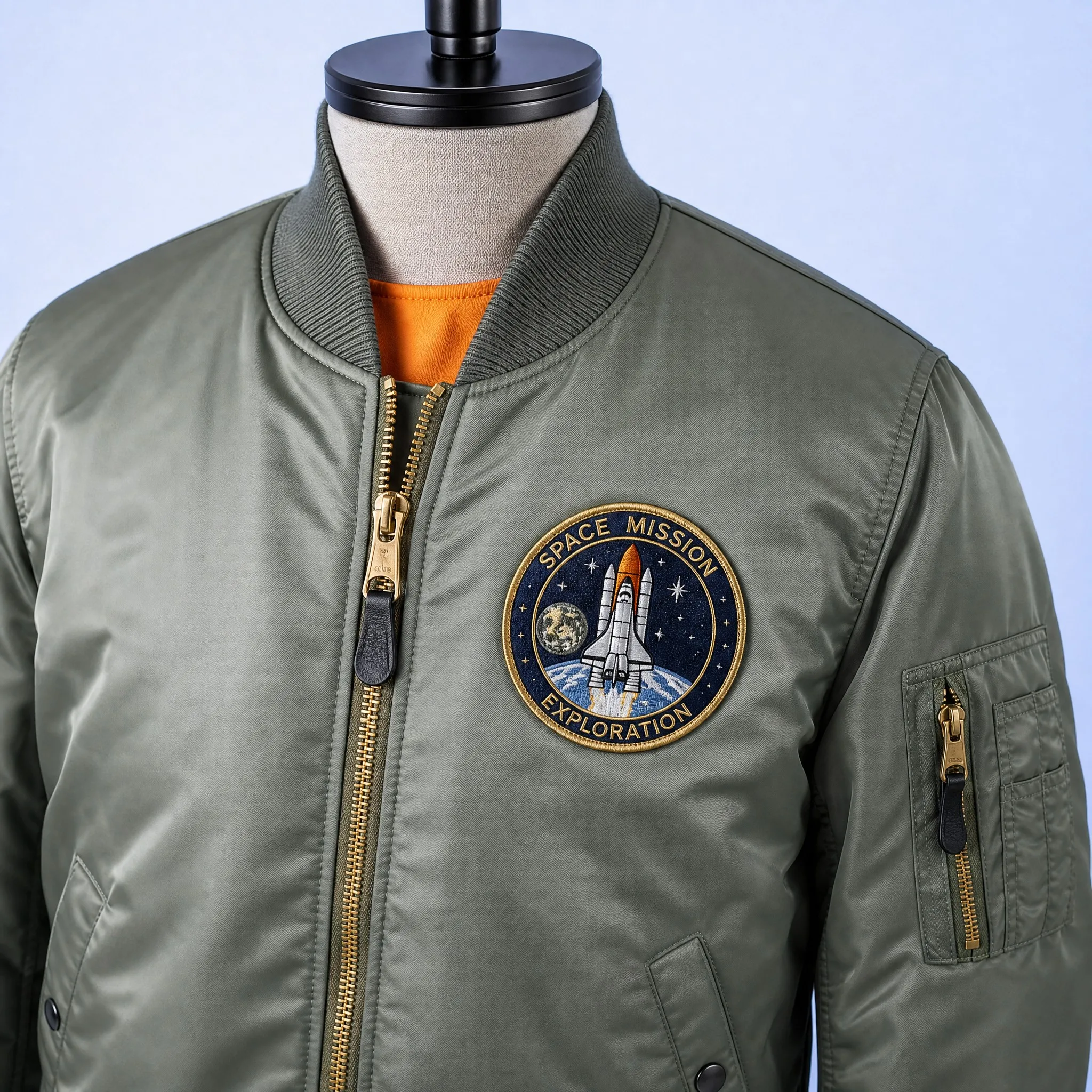 Sage Green Military MA-1 Flight Bomber Jacket with Space Shuttle Mission Exploration Round Patch on Left Chest